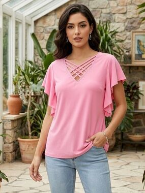Take 50% OFF- Notations Pink Crisscross V-Neck Ruffle Sleeve Top, Size-1X